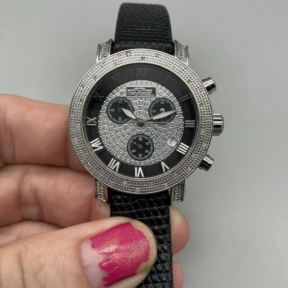 Freeze Mens Watch 36mm Silver Tone Black Diamond Leather Chronograph FZ07161627